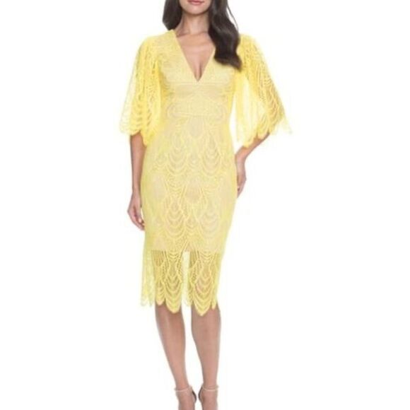 Dress the Population Mia Yellow Lace Midi Dress Puff Sleeve Cocktail Large - Picture 1 of 8